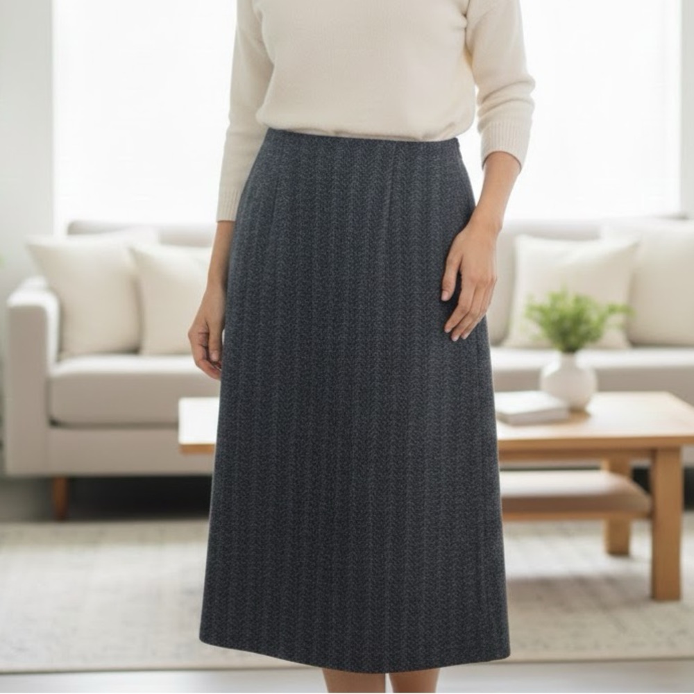 Vintage 80s Harve Benard 100% Wool Gray Herringbone Midi Skirt 12
